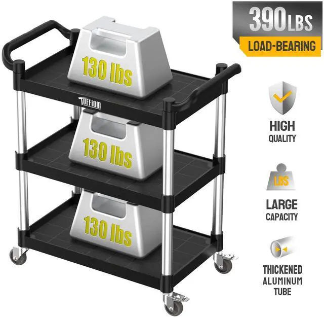 Alt view image 6 of 6 - 3-Tier Plastic Service Utility Cart with Wheels, Heavy Duty 390lbs Capacity, Commercial Rolling Ideal for Restaurant, Foodservice, Office, Warehouse, Black 24.6''L x 15.8''W x 37.4''H