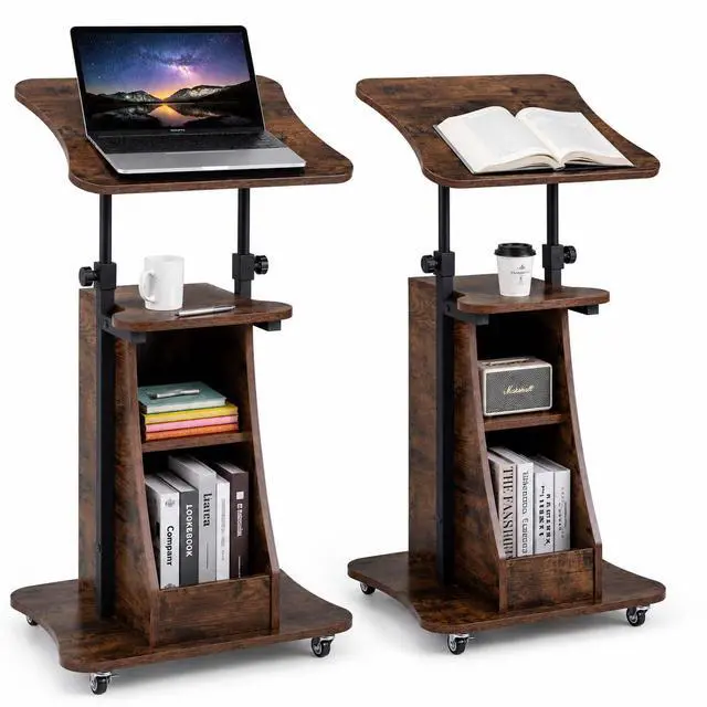 Main image of 2PCS Sit to Stand Mobile Lectern Podium Stand Rustic Brown | Rolling Laptop Desk Cart with Shelves, Swivel Top, Height Adjustable, for Classroom Concert Church