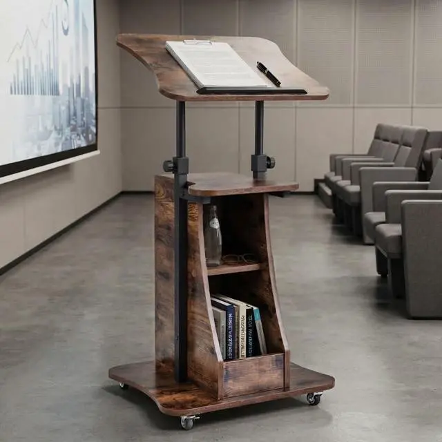Alt view image 2 of 7 - 2PCS Sit to Stand Mobile Lectern Podium Stand Rustic Brown | Rolling Laptop Desk Cart with Shelves, Swivel Top, Height Adjustable, for Classroom Concert Church