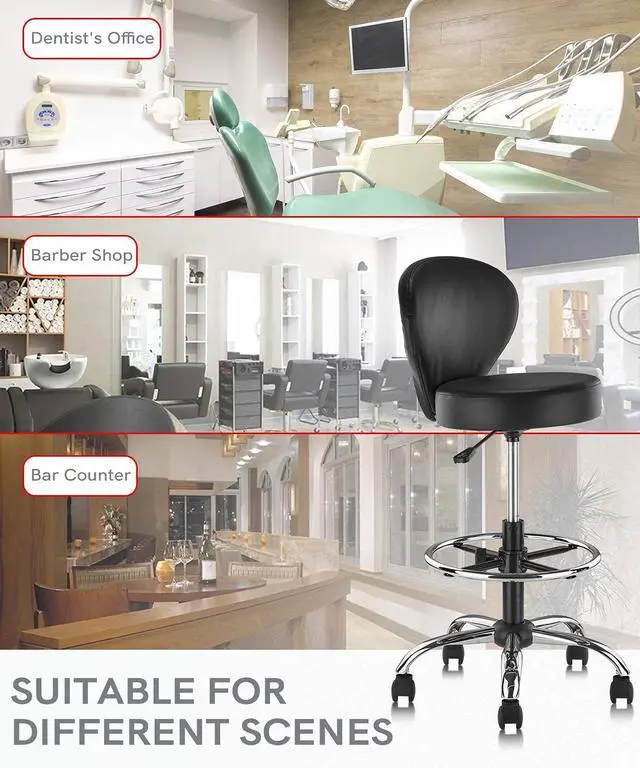 Alt view image 7 of 7 - PVC Faux Leather Drafting Chair Set of 4 Rolling Swivel Salon Stool with Back Foot Rest Adjustable Hydraulic Seat Height 30 Inch Diameter 15 in Lumbar Support for Massage Facial Spa 4 Pack
