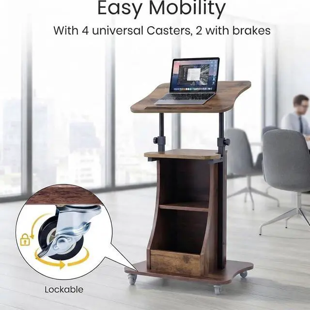 Alt view image 6 of 7 - 2PCS Sit to Stand Mobile Lectern Podium Stand Rustic Brown | Rolling Laptop Desk Cart with Shelves, Swivel Top, Height Adjustable, for Classroom Concert Church
