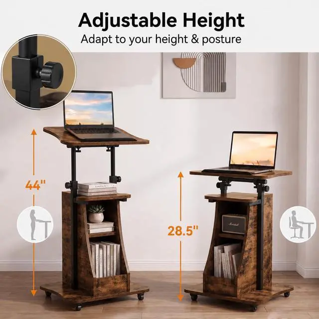 Alt view image 5 of 7 - 2PCS Sit to Stand Mobile Lectern Podium Stand Rustic Brown | Rolling Laptop Desk Cart with Shelves, Swivel Top, Height Adjustable, for Classroom Concert Church
