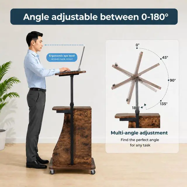 Alt view image 4 of 7 - 2PCS Sit to Stand Mobile Lectern Podium Stand Rustic Brown | Rolling Laptop Desk Cart with Shelves, Swivel Top, Height Adjustable, for Classroom Concert Church