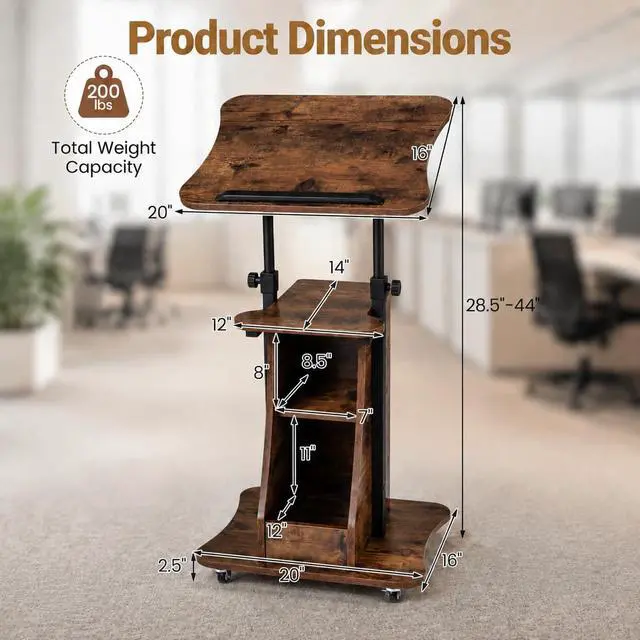 Alt view image 3 of 7 - 2PCS Sit to Stand Mobile Lectern Podium Stand Rustic Brown | Rolling Laptop Desk Cart with Shelves, Swivel Top, Height Adjustable, for Classroom Concert Church