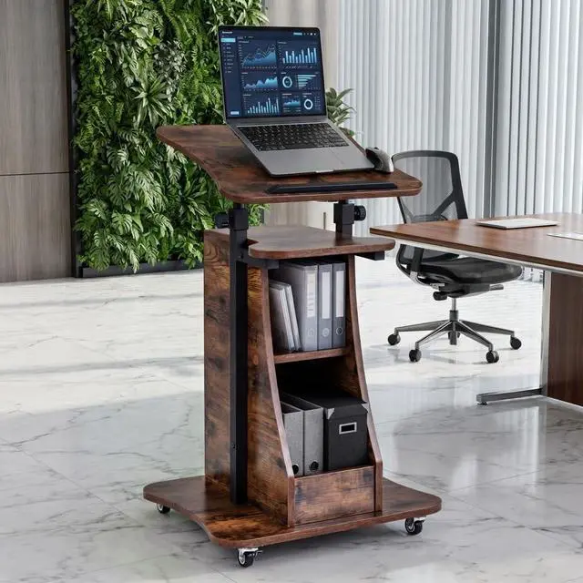 Alt view image 7 of 7 - 2PCS Sit to Stand Mobile Lectern Podium Stand Rustic Brown | Rolling Laptop Desk Cart with Shelves, Swivel Top, Height Adjustable, for Classroom Concert Church