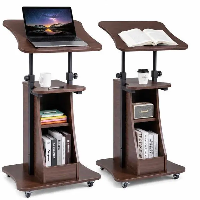 Main image of 2PCS Sit to Stand Mobile Lectern Teacher Podium Stand Brown | Rolling Laptop Desk Cart with Storage Shelves, Casters, Swivel Top, Height Adjustable, for Classroom, Concert, Church