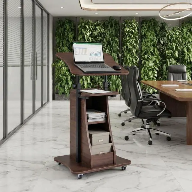 Alt view image 2 of 7 - 2PCS Sit to Stand Mobile Lectern Teacher Podium Stand Brown | Rolling Laptop Desk Cart with Storage Shelves, Casters, Swivel Top, Height Adjustable, for Classroom, Concert, Church