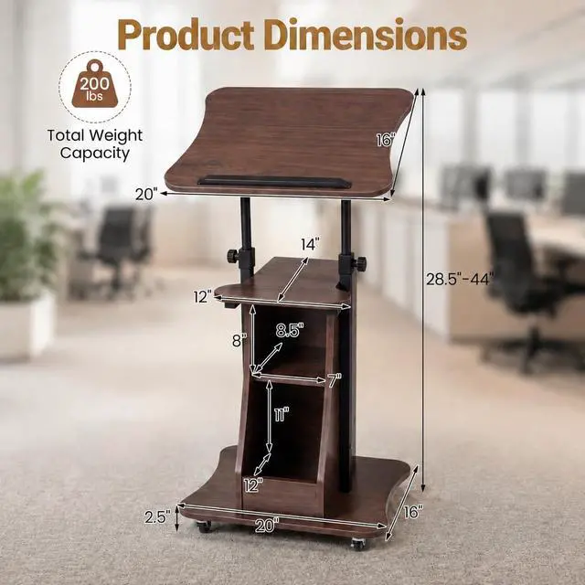 Alt view image 3 of 7 - 2PCS Sit to Stand Mobile Lectern Teacher Podium Stand Brown | Rolling Laptop Desk Cart with Storage Shelves, Casters, Swivel Top, Height Adjustable, for Classroom, Concert, Church