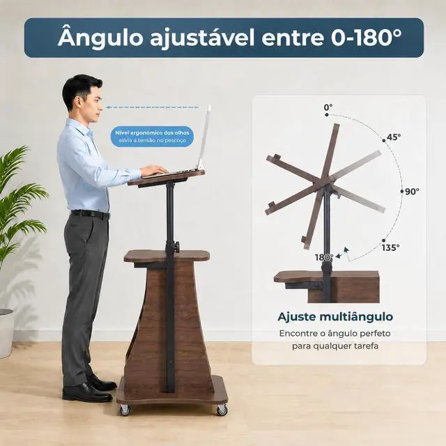 Alt view image 4 of 7 - 2PCS Sit to Stand Mobile Lectern Teacher Podium Stand Brown | Rolling Laptop Desk Cart with Storage Shelves, Casters, Swivel Top, Height Adjustable, for Classroom, Concert, Church