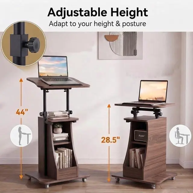 Alt view image 5 of 7 - 2PCS Sit to Stand Mobile Lectern Teacher Podium Stand Brown | Rolling Laptop Desk Cart with Storage Shelves, Casters, Swivel Top, Height Adjustable, for Classroom, Concert, Church