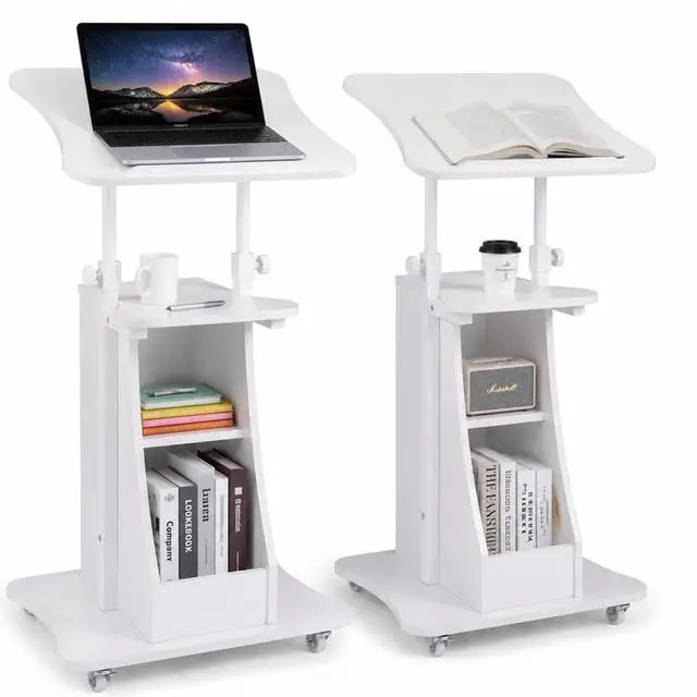 Main image of 2PCS Sit to Stand Mobile Lectern Teacher Podium Portable Height Adjustable Podium Stand Rolling Laptop Desk Cart with Storage Shelf Swivel Top for Classroom, Concert, Church White
