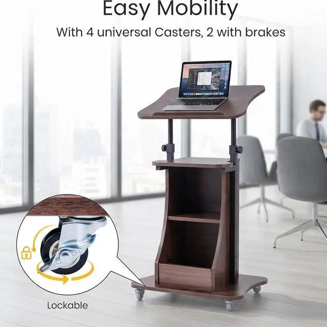 Alt view image 6 of 7 - 2PCS Sit to Stand Mobile Lectern Teacher Podium Stand Brown | Rolling Laptop Desk Cart with Storage Shelves, Casters, Swivel Top, Height Adjustable, for Classroom, Concert, Church