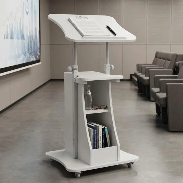 Alt view image 2 of 7 - 2PCS Sit to Stand Mobile Lectern Teacher Podium Portable Height Adjustable Podium Stand Rolling Laptop Desk Cart with Storage Shelf Swivel Top for Classroom, Concert, Church White