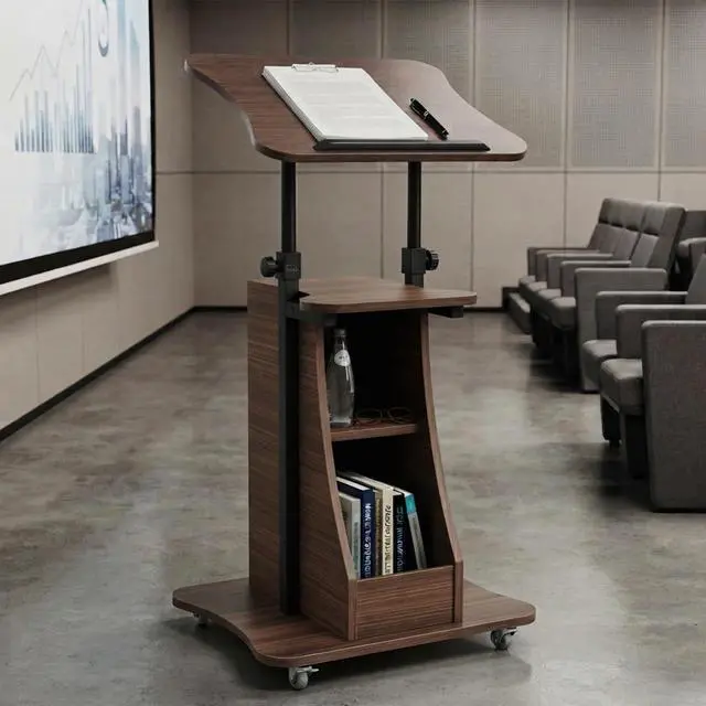 Alt view image 7 of 7 - 2PCS Sit to Stand Mobile Lectern Teacher Podium Stand Brown | Rolling Laptop Desk Cart with Storage Shelves, Casters, Swivel Top, Height Adjustable, for Classroom, Concert, Church