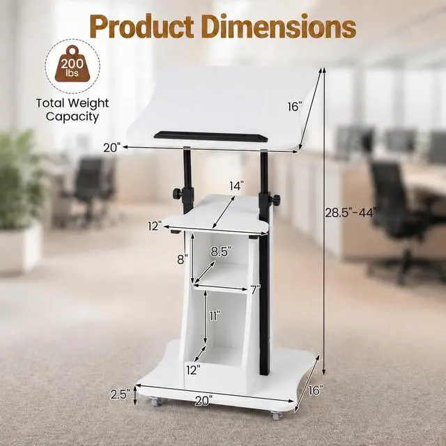 Alt view image 3 of 7 - 2PCS Sit to Stand Mobile Lectern Teacher Podium Portable Height Adjustable Podium Stand Rolling Laptop Desk Cart with Storage Shelf Swivel Top for Classroom, Concert, Church White
