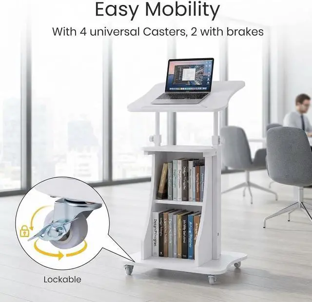 Alt view image 6 of 7 - 2PCS Sit to Stand Mobile Lectern Teacher Podium Portable Height Adjustable Podium Stand Rolling Laptop Desk Cart with Storage Shelf Swivel Top for Classroom, Concert, Church White