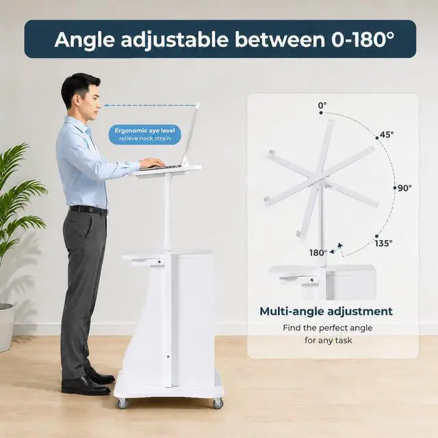 Alt view image 4 of 7 - 2PCS Sit to Stand Mobile Lectern Teacher Podium Portable Height Adjustable Podium Stand Rolling Laptop Desk Cart with Storage Shelf Swivel Top for Classroom, Concert, Church White