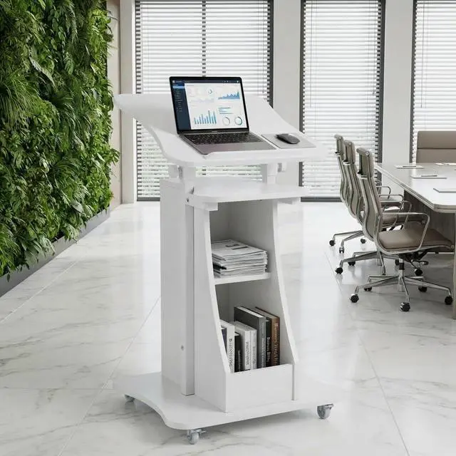Alt view image 7 of 7 - 2PCS Sit to Stand Mobile Lectern Teacher Podium Portable Height Adjustable Podium Stand Rolling Laptop Desk Cart with Storage Shelf Swivel Top for Classroom, Concert, Church White