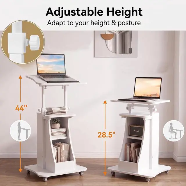 Alt view image 5 of 7 - 2PCS Sit to Stand Mobile Lectern Teacher Podium Portable Height Adjustable Podium Stand Rolling Laptop Desk Cart with Storage Shelf Swivel Top for Classroom, Concert, Church White