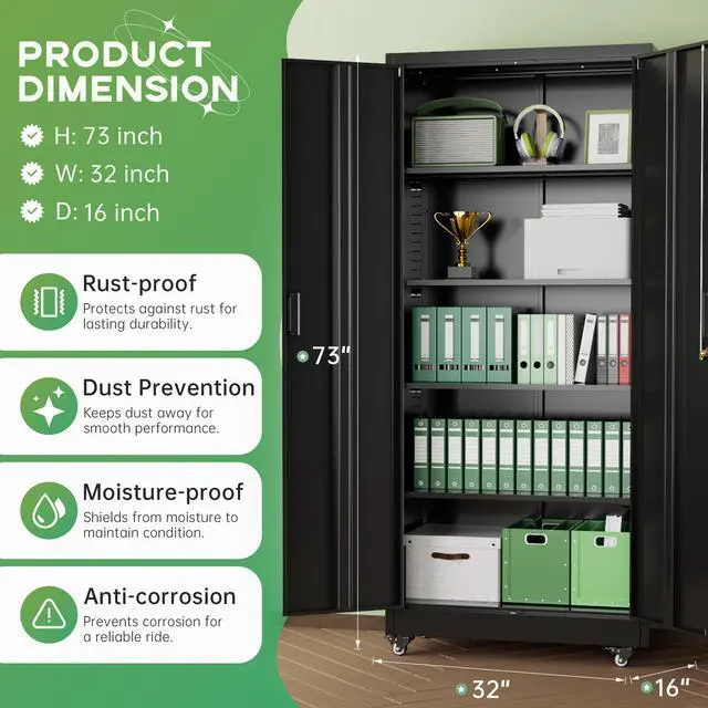 Alt view image 3 of 7 - 73" H Metal Storage Cabinet with Wheels, Locking Doors and Adjustable Shelves, Black Rolling Steel Tool Cabinet for Home Office, Garage, Warehouse