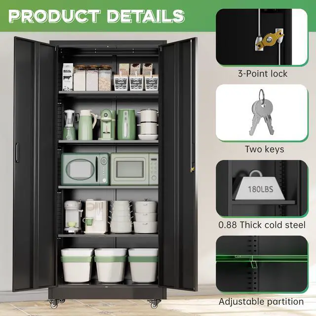 Alt view image 6 of 7 - 73" H Metal Storage Cabinet with Wheels, Locking Doors and Adjustable Shelves, Black Rolling Steel Tool Cabinet for Home Office, Garage, Warehouse