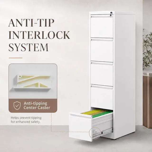 Alt view image 5 of 7 - 5 Drawer File Cabinet with Lock, Metal Filing Cabinet for Home Office | 64" H x 15" W x 18" D Vertical Metal File Cabinet, File Storage Cabinet for Legal/Letter/A4, White