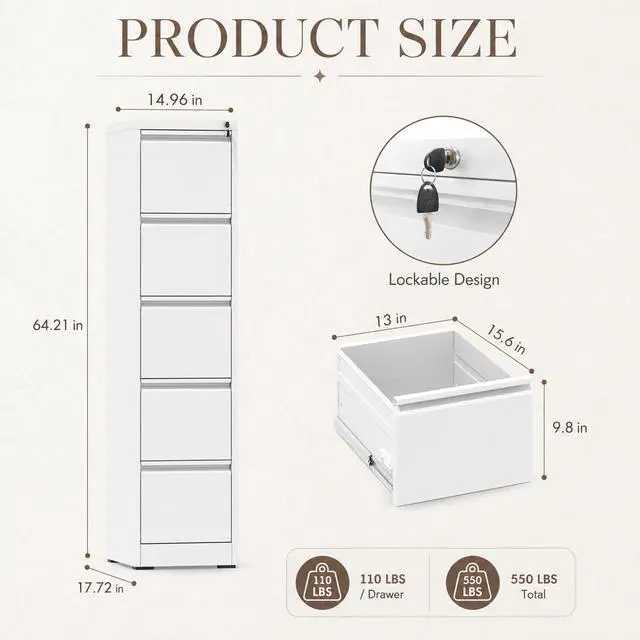 Alt view image 3 of 7 - 5 Drawer File Cabinet with Lock, Metal Filing Cabinet for Home Office | 64" H x 15" W x 18" D Vertical Metal File Cabinet, File Storage Cabinet for Legal/Letter/A4, White
