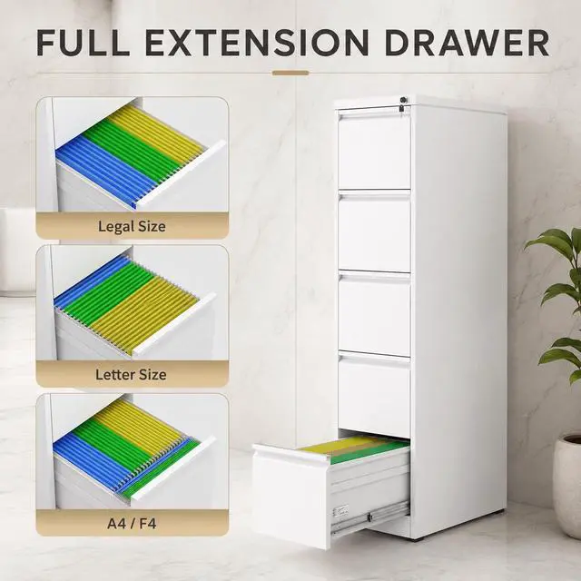 Alt view image 4 of 7 - 5 Drawer File Cabinet with Lock, Metal Filing Cabinet for Home Office | 64" H x 15" W x 18" D Vertical Metal File Cabinet, File Storage Cabinet for Legal/Letter/A4, White