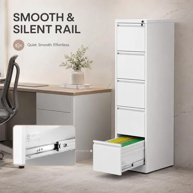 Alt view image 6 of 7 - 5 Drawer File Cabinet with Lock, Metal Filing Cabinet for Home Office | 64" H x 15" W x 18" D Vertical Metal File Cabinet, File Storage Cabinet for Legal/Letter/A4, White