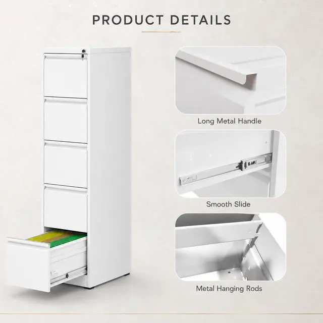 Alt view image 7 of 7 - 5 Drawer File Cabinet with Lock, Metal Filing Cabinet for Home Office | 64" H x 15" W x 18" D Vertical Metal File Cabinet, File Storage Cabinet for Legal/Letter/A4, White