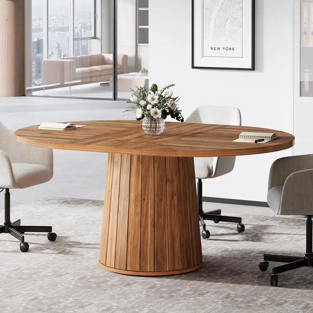 Alt view image 3 of 7 - 55.11" Oval Conference Table for 4-6 (Brown) | Rustic Meeting Table, Seminar Boardroom Furniture with Wood Base for Office Conference Room