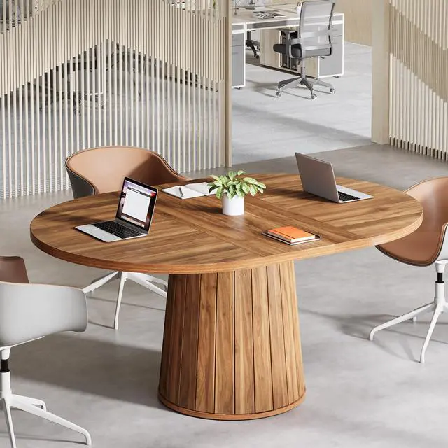 Alt view image 4 of 7 - 55.11" Oval Conference Table for 4-6 (Brown) | Rustic Meeting Table, Seminar Boardroom Furniture with Wood Base for Office Conference Room
