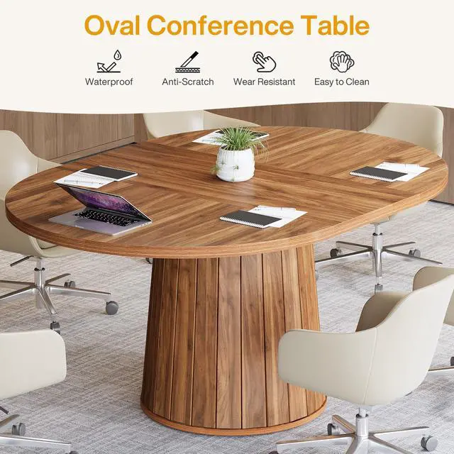 Alt view image 7 of 7 - 55.11" Oval Conference Table for 4-6 (Brown) | Rustic Meeting Table, Seminar Boardroom Furniture with Wood Base for Office Conference Room