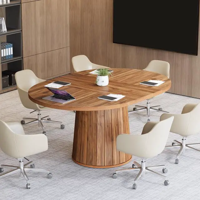 Alt view image 5 of 7 - 55.11" Oval Conference Table for 4-6 (Brown) | Rustic Meeting Table, Seminar Boardroom Furniture with Wood Base for Office Conference Room