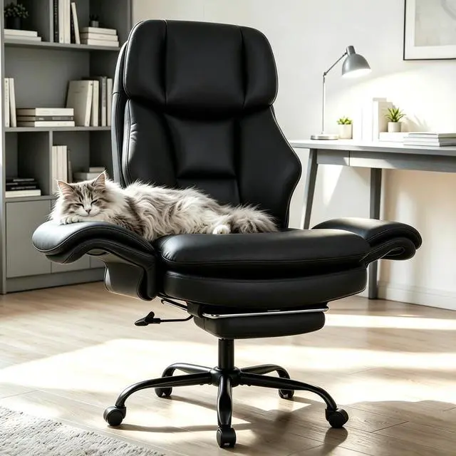 Main image of Big and Tall Office Chair with Flip Armrests and Footrest (Black) | 500LBS, Cat-Scratch Resistant Leather Cross Legged Chair w/Side Pocket, Adjustable Computer Desk Vanity Chair for Home Office