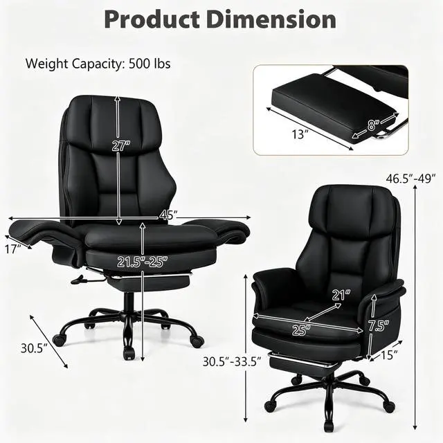 Alt view image 2 of 7 - Big and Tall Office Chair with Flip Armrests and Footrest (Black) | 500LBS, Cat-Scratch Resistant Leather Cross Legged Chair w/Side Pocket, Adjustable Computer Desk Vanity Chair for Home Office