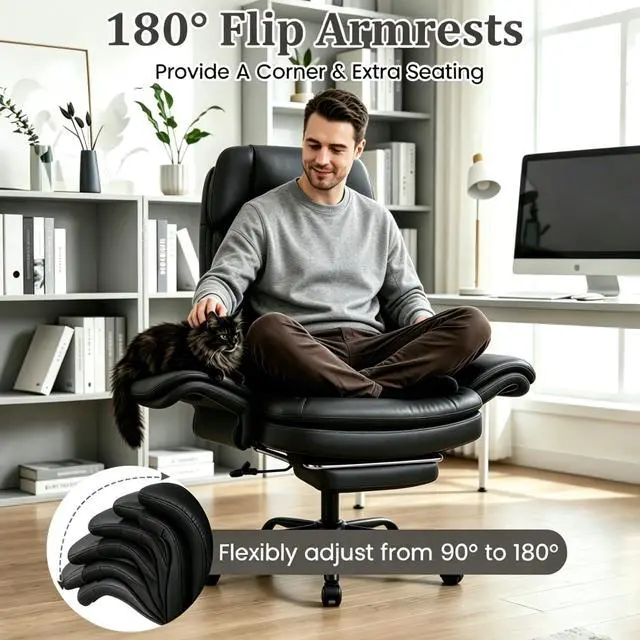 Alt view image 3 of 7 - Big and Tall Office Chair with Flip Armrests and Footrest (Black) | 500LBS, Cat-Scratch Resistant Leather Cross Legged Chair w/Side Pocket, Adjustable Computer Desk Vanity Chair for Home Office