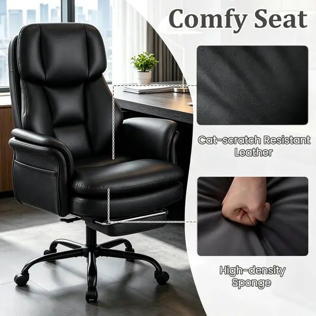 Alt view image 4 of 7 - Big and Tall Office Chair with Flip Armrests and Footrest (Black) | 500LBS, Cat-Scratch Resistant Leather Cross Legged Chair w/Side Pocket, Adjustable Computer Desk Vanity Chair for Home Office