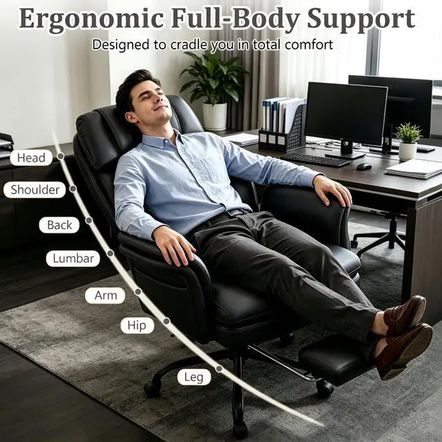 Alt view image 5 of 7 - Big and Tall Office Chair with Flip Armrests and Footrest (Black) | 500LBS, Cat-Scratch Resistant Leather Cross Legged Chair w/Side Pocket, Adjustable Computer Desk Vanity Chair for Home Office