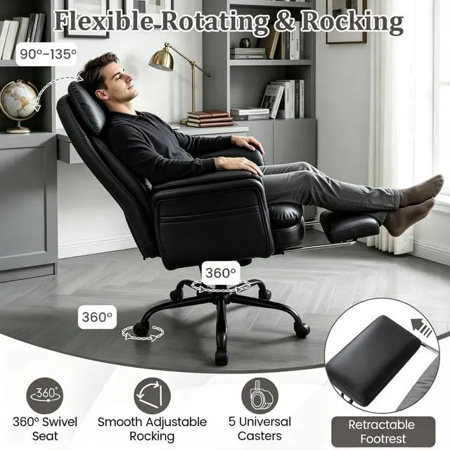 Alt view image 6 of 7 - Big and Tall Office Chair with Flip Armrests and Footrest (Black) | 500LBS, Cat-Scratch Resistant Leather Cross Legged Chair w/Side Pocket, Adjustable Computer Desk Vanity Chair for Home Office