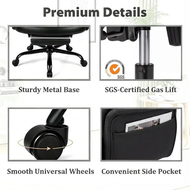 Alt view image 7 of 7 - Big and Tall Office Chair with Flip Armrests and Footrest (Black) | 500LBS, Cat-Scratch Resistant Leather Cross Legged Chair w/Side Pocket, Adjustable Computer Desk Vanity Chair for Home Office
