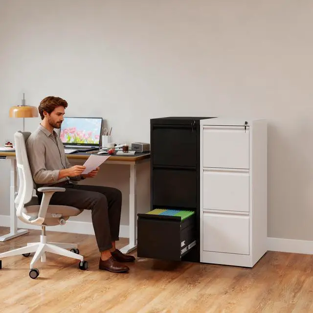 Alt view image 3 of 7 - 3 Drawer File Cabinet with Lock, Vertical Filing Cabinets for Home Office, Metal Storage Cabinets, Heavy Duty File Cabinet for Letter/Legal/A4/F4 Size Amsseble Required, Black