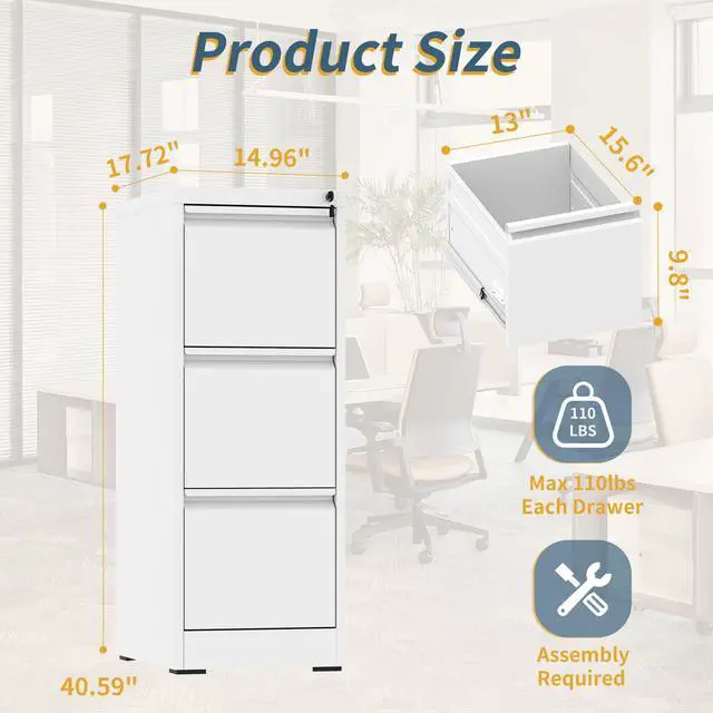 Alt view image 2 of 7 - 3 Drawer File Cabinet with Lock, Vertical Filing Cabinets for Home Office, Metal Storage Cabinets, Heavy Duty File Cabinet for Letter/Legal/A4/F4 Size Amsseble Required, White