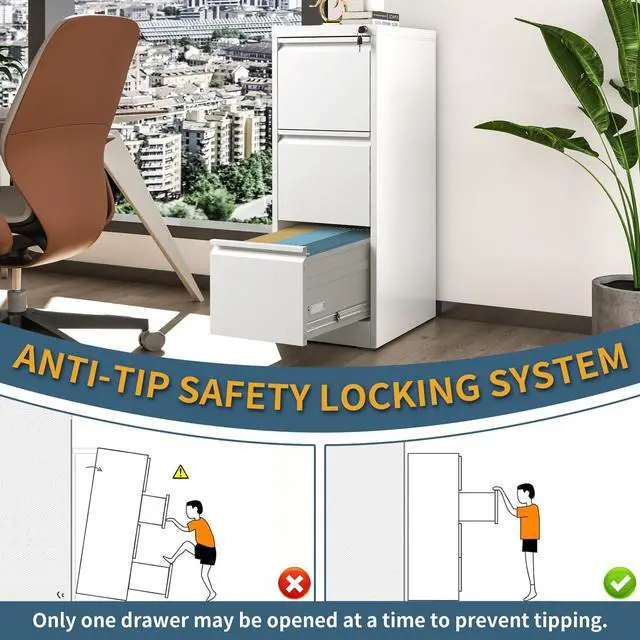 Alt view image 5 of 7 - 3 Drawer File Cabinet with Lock, Vertical Filing Cabinets for Home Office, Metal Storage Cabinets, Heavy Duty File Cabinet for Letter/Legal/A4/F4 Size Amsseble Required, White