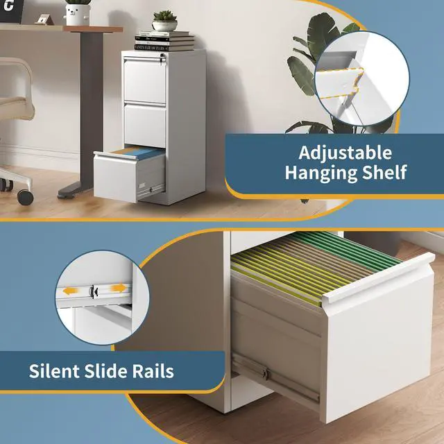 Alt view image 6 of 7 - 3 Drawer File Cabinet with Lock, Vertical Filing Cabinets for Home Office, Metal Storage Cabinets, Heavy Duty File Cabinet for Letter/Legal/A4/F4 Size Amsseble Required, White