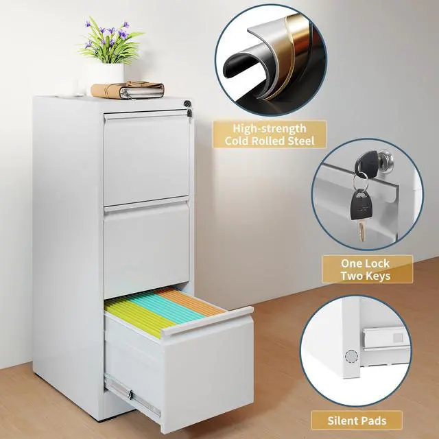 Alt view image 4 of 7 - 3 Drawer File Cabinet with Lock, Vertical Filing Cabinets for Home Office, Metal Storage Cabinets, Heavy Duty File Cabinet for Letter/Legal/A4/F4 Size Amsseble Required, White