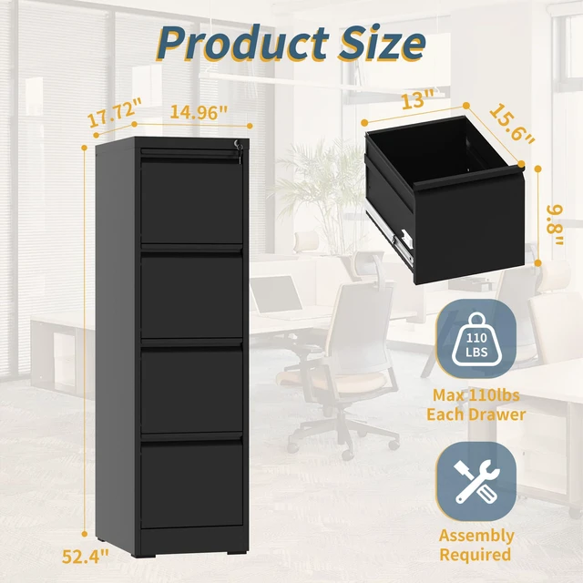 Alt view image 3 of 7 - 4 Drawer File Cabinet with Lock, Vertical Filing Cabinets for Home Office, Metal Storage Cabinets, Heavy Duty File Cabinet for Letter/Legal/A4/F4 Size Amsseble Required, Black