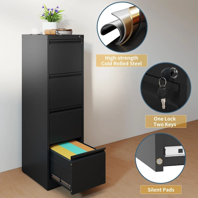 Alt view image 4 of 7 - 4 Drawer File Cabinet with Lock, Vertical Filing Cabinets for Home Office, Metal Storage Cabinets, Heavy Duty File Cabinet for Letter/Legal/A4/F4 Size Amsseble Required, Black