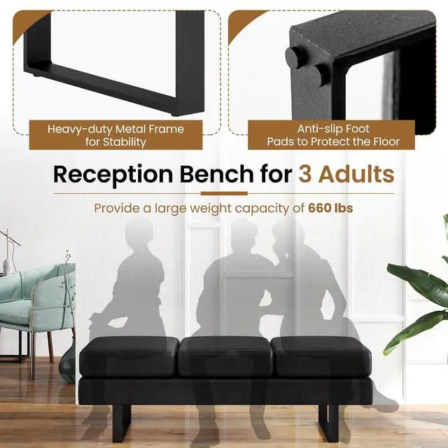 Alt view image 4 of 7 - Waiting Room Bench, Faux Leather Office Guest Chair with 3 Seats, 660 Lbs Capacity, Metal Frame, Reception Chair, Upholstered Bench for Lobby, Conference Room, Entryway, Dining Room (Black)