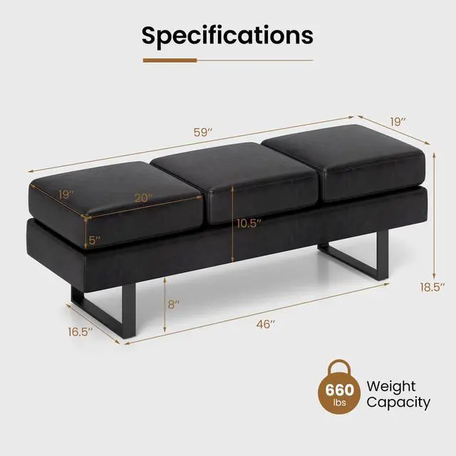 Alt view image 3 of 7 - Waiting Room Bench, Faux Leather Office Guest Chair with 3 Seats, 660 Lbs Capacity, Metal Frame, Reception Chair, Upholstered Bench for Lobby, Conference Room, Entryway, Dining Room (Black)